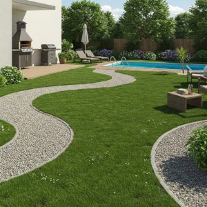 Trabajo de jardín con cesped artificial y grava con camino hasta la piscina con elefeme