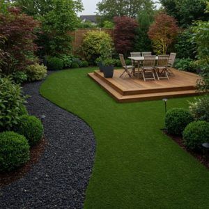Trabajo de jardín con cesped artificial y grava de estilo minimalista para jardín pequeño con Elefeme