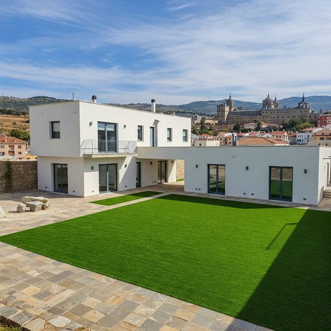 césped artificial en El Escorial instalado por Elefeme en una casa de nueva construcción