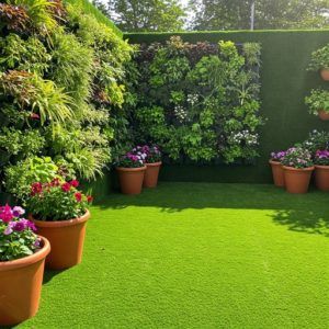 idea cesped artificial con jardines verticales y macetas decoratrivas con Elefeme