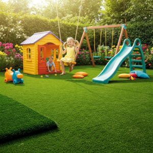 idea cesped artificial con parque infantil seguro para niuños con Elefeme